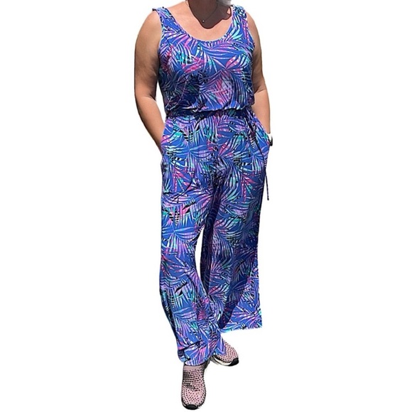 Pappagallo Blue and Purple Leaf Print Jumpsuit - Picture 5 of 13